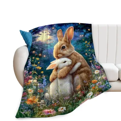 Bunny Rabbits in Forest Blanket: A Hugging Pair Under the Stars