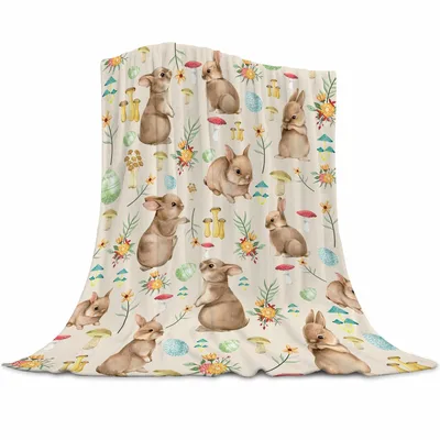Bunnies Mushrooms and Flowers Blanket featuring watercolor rabbits