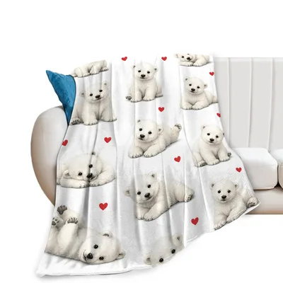 Cute Polar Bears with Hearts Blanket: Soft Cubs and Red Hearts Design