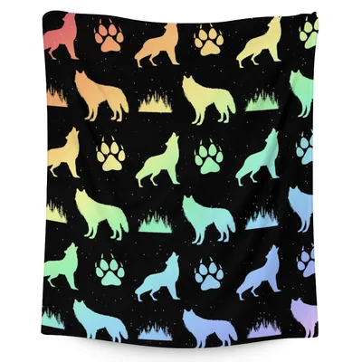 Rainbow Wolves Paw Print Blanket: Colorful Wolf Silhouette Throw