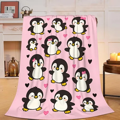Penguin Pattern with Hearts Blanket featuring cute cartoon penguins