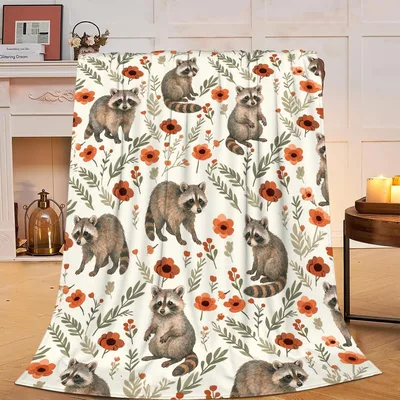 Raccoons Floral Pattern Blanket: Cozy Raccoon and Orange Flower Design