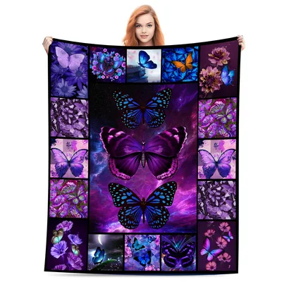 Purple Butterfly Patchwork Pattern Blanket featuring cosmic wings