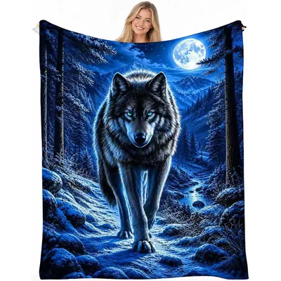 Wolf in Moonlit Forest Blanket: A Blue Night Scene with a Walking Wolf