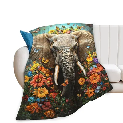 Elephant with Flowers and Butterflies Blanket: A Majestic Garden Print