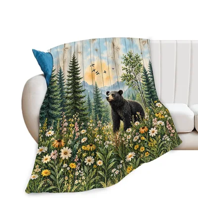 Black Bear in Forest Meadow Blanket: Wildlife Art for Nature Lovers