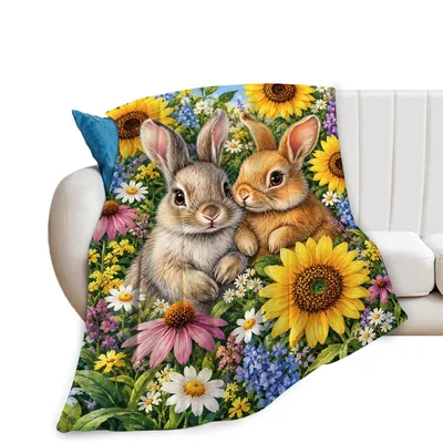 Bunny Rabbits with Sunflowers Blanket