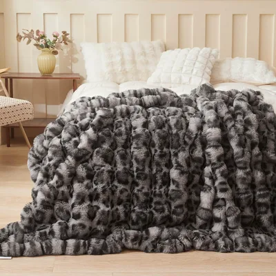 Leopard Print Faux Fur Blanket Wild Gray Fluff