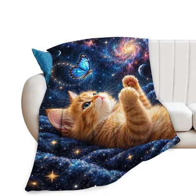 Cat Playing in Galaxy Blanket featuring an orange kitten reaching