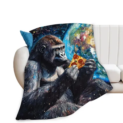 Gorilla Eating Pizza Blanket: Space Ape with Pepperoni Slice