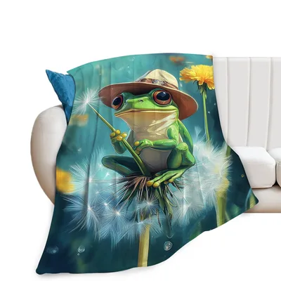 Frog in Hat Blanket: Whimsical Amphibian on Dandelion Art