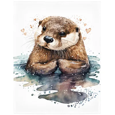 Watercolor Otter with Hearts Blanket: Cute Fuzzy Animal Design