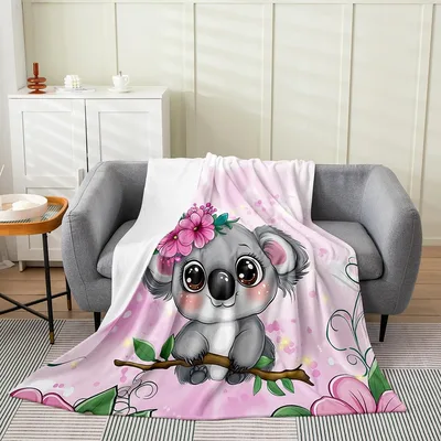 Cute Koala on Flowers Blanket featuring a cartoon koala