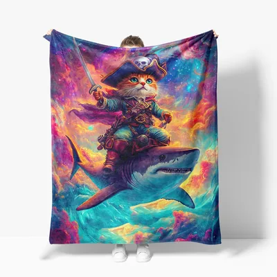 Cat Riding Shark in Galaxy Blanket: Pirate Cat Space Adventure