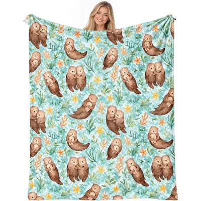 Otters on Floral Pattern Blanket: Cozy Watercolor Otter Design