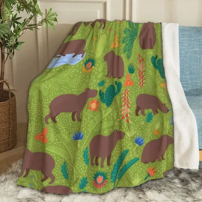 Capybaras on Green Pattern Blanket: A Lush Tropical Design