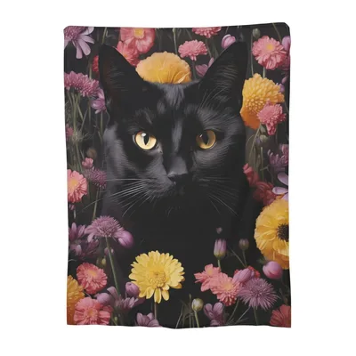 Black Cat Among Flowers Blanket: A Feline Portrait in a Garden