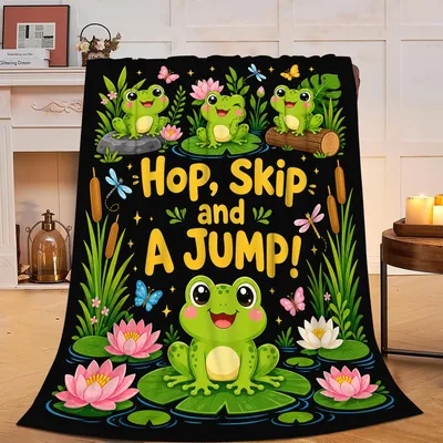 Hop Skip Blanket: Frog Design with Bright Yellow Lettering