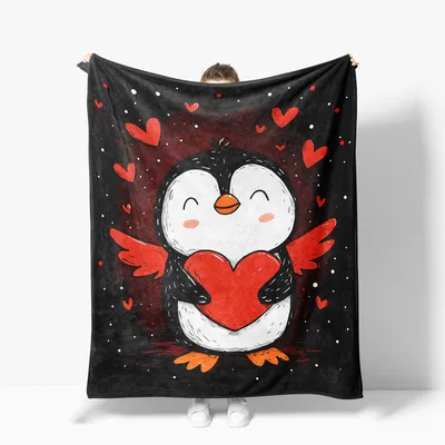 Penguin Holding Red Heart Blanket