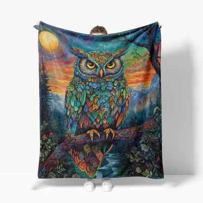 Colorful Owl on Branch Blanket No. 2: Psychedelic Night Owl Art