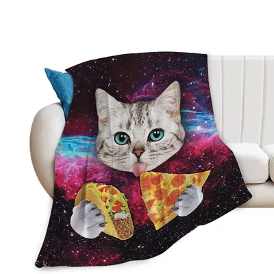 Space Cat with Pizza and Taco Blanket: Cosmic Feline Snacking