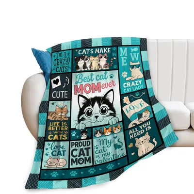 Best Cat Mom Ever Quotes Blanket featuring a teal patchwork design