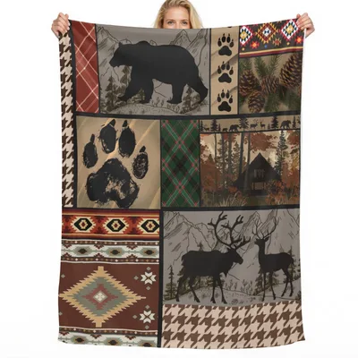 Black Bear Lodge Pattern Blanket: Wild Animal Cabin Patchwork Design
