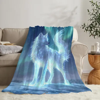 Glowing Fox Aurora Blanket: Ethereal Wolf and Northern Lights Design