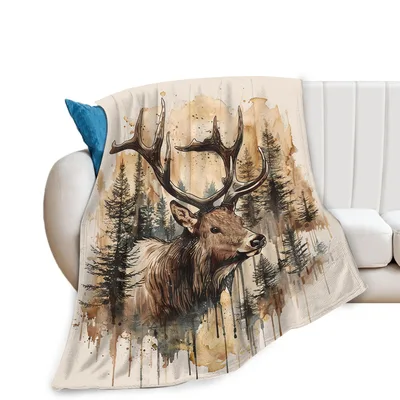 Vintage Elk in Forest Blanket: Watercolor Art for Cabin Lovers