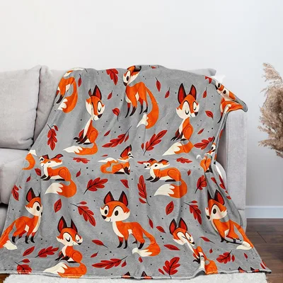 Cute Foxes Autumn Leaf Blanket: Playful Red Fox Pattern for Fall