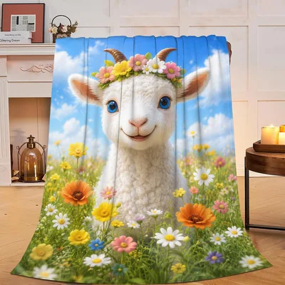 Cute Lamb with Flower Blanket: Smiling Sheep in a Wildflower Meadow