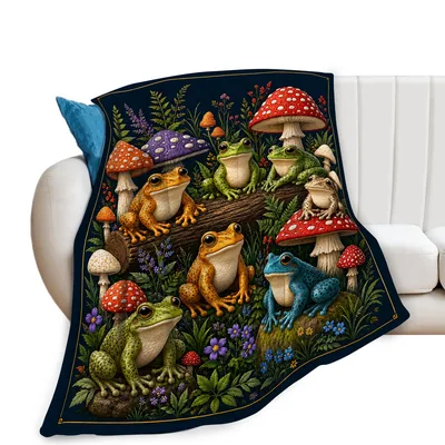 Frogs and Mushrooms Blanket: Forest Amphibian Art for Nature Lovers