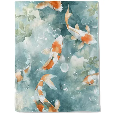 Watercolor Koi Fish Pond Blanket: Serene Orange and Teal Aquatic Art