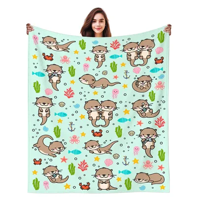 Sea Otters Pattern on Mint Blanket for Ocean Lovers
