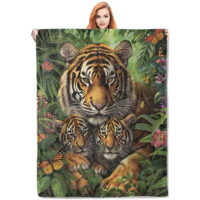 Tiger in Jungle Leaves Blanket: Mother Tiger and Cubs Wildlife Art