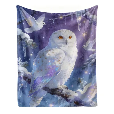Snowy Owl in Winter Blanket: Fantasy Owl Perched on Icicle Branch