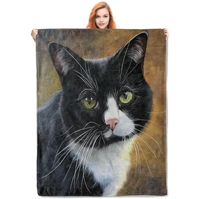 Tuxedo Cat Portrait Blanket: Realistic Black and White Feline Art