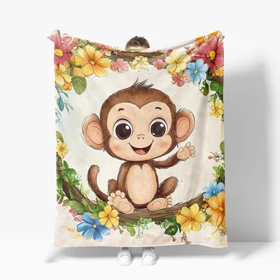 Monkey in Flower Wreath Blanket: Cute Monkey Art with Floral Frame