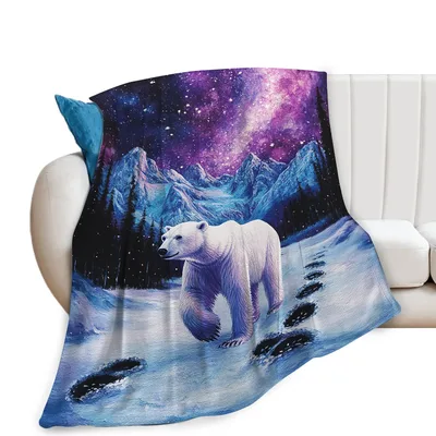Polar Bear Starry Night Blanket: Cosmic Arctic Adventure Print