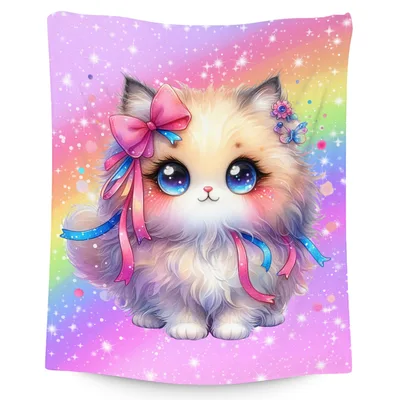 Kawaii Cat with Pink Blanket: Fluffy Feline with Rainbow Sky