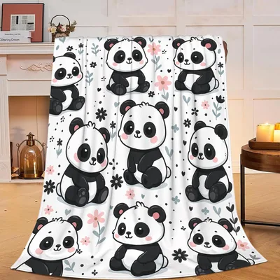 Cute Pandas Pattern Blanket: Cozy Floral Panda Print Throw