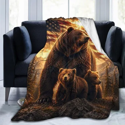 Bear Family at Sunset Blanket: Patriotic Bear Print on Fleece