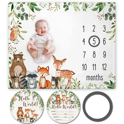 Woodland Animals Baby Milestone Blanket features forest