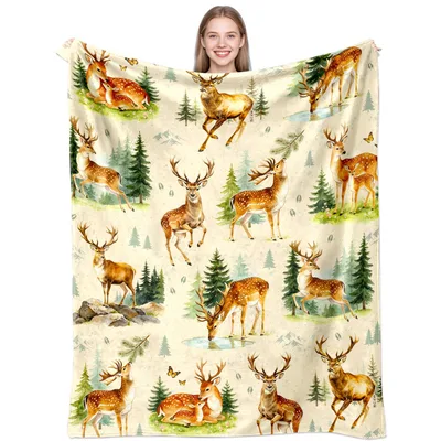 Deer and Pine Trees Pattern Blanket featuring watercolor stags