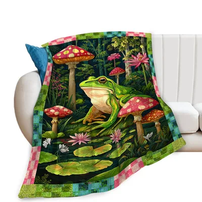 Frog Sitting Among Mushrooms Blanket
