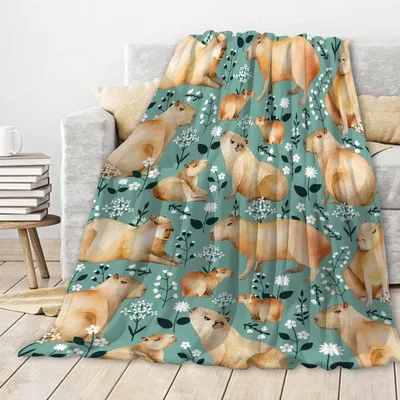 Floral Capybara Pattern Blanket: Watercolor Rodents and Wildflowers