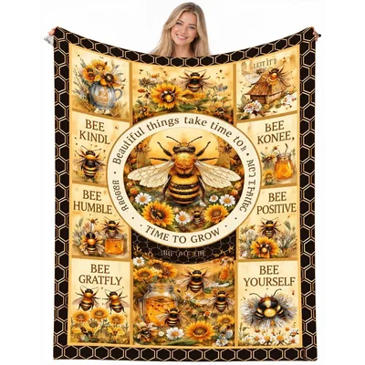 Bee Kind Honeycomb Quotes Blanket with Rustic Bee Artwork