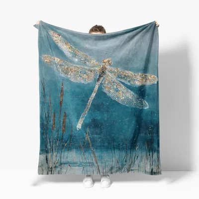 Dragonfly on Teal Blanket: Sparkling Insect Art for Nature Lovers