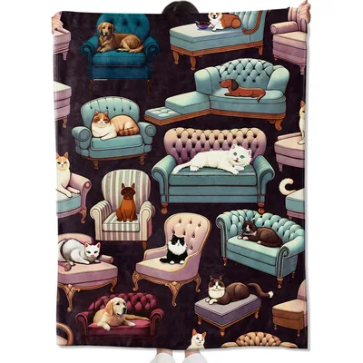 Throw Blanket for Sofa Featuring Cats and Dogs on Sofas