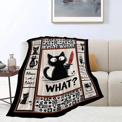 Cat Saying Blanket: What? Black Cat Knife Design